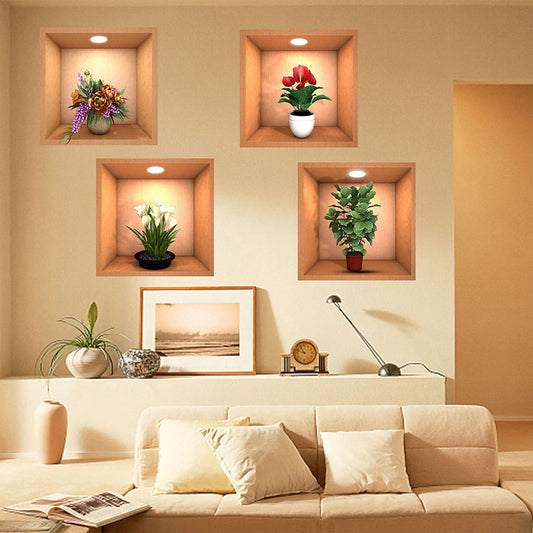 Green Plant Potted 3D Wall Stickers (Set of 4)